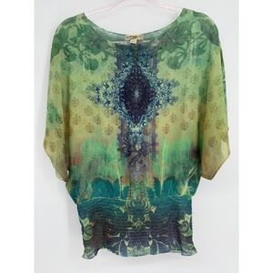 Energe by One‎ World Sz M Butterfly Sleeve Smocked Hem Top Women's Green Blue